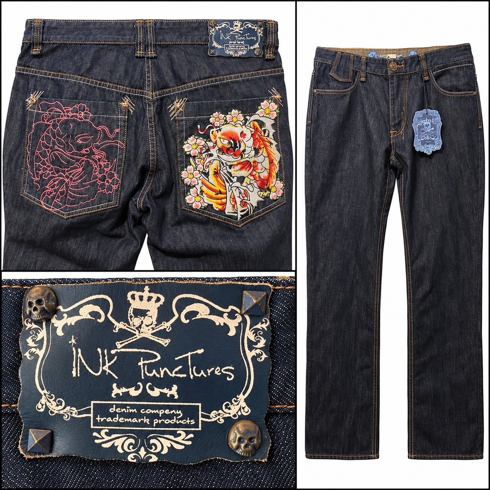 Ink Punctures Mens Jeans 38x31 Koi Fish Tattoo Dark Wash Skate Streetwear